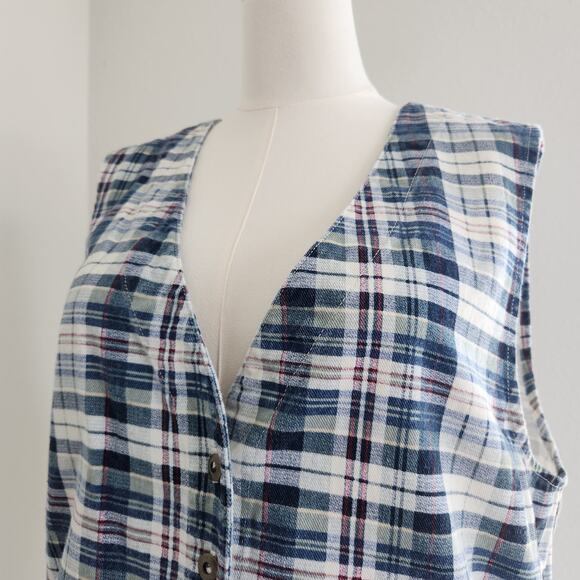 90s Vintage Cherokee Red White Blue Plaid Cotton Vest Button Front Grunge L - Picture 3 of 6